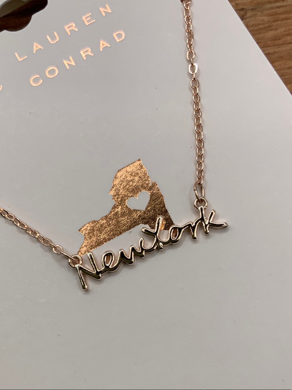 LC Lauren Conrad Rose Gold Tone "New York" Script Chain Necklace